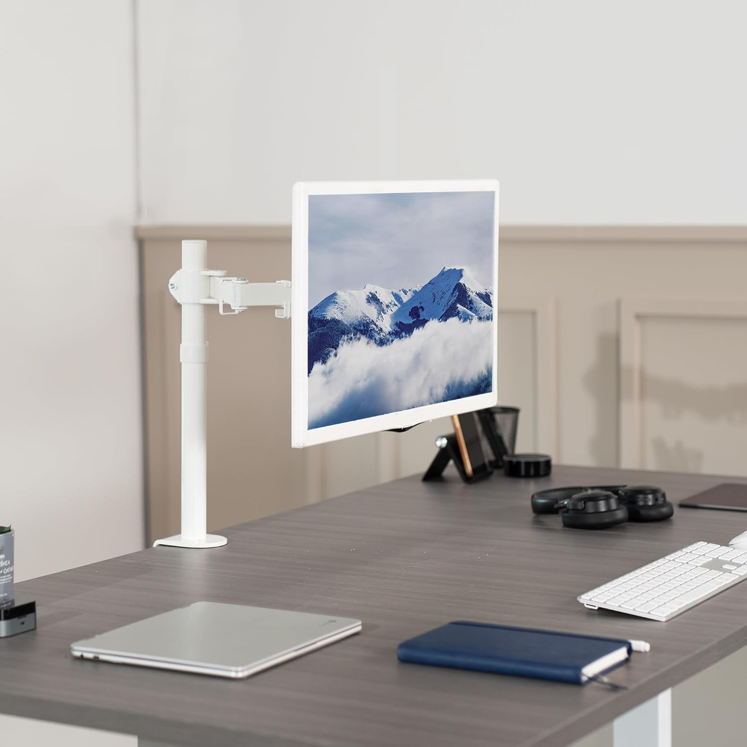 Vivo Support de Bureau à Bras Simple, Peut contenir des écrans jusqu'à 32" Standard et 38" Ultra Large, entièrement réglable avec Pince en C et Base à œillets, VESA 75 x 75 mm ou 100 x 100 mm, Blanc, blanc 40.6 cm