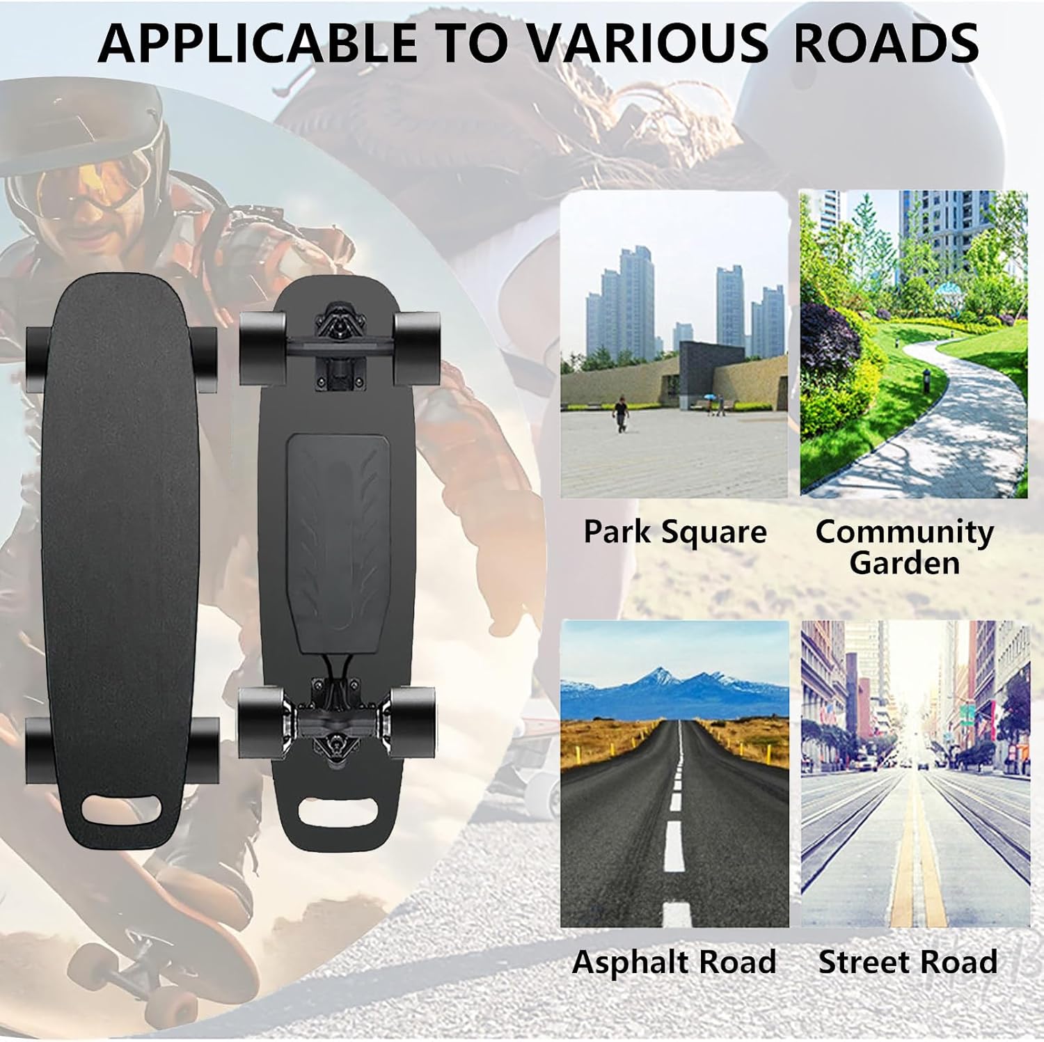 Skateboard Électrique Tout-Terrain pour Adulte Longboard 4 Roues Amortissantes Moteurs Moyeux, Autonomie Simple 8-22 Km, Double Autonomie 15-30 Km, Charge Maximale 100-200 Kg DualDrive-15km Dualdrive 15km