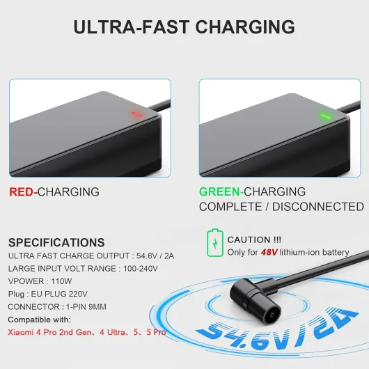 Chargeur Trottinette Electrique 54.6V 2A pour Xiaomi 4 Pro 2nd Gen, 4 Ultra, 5, 5 Pro, DC Charge Rapide pour 48V Batterie Scooter Electrique