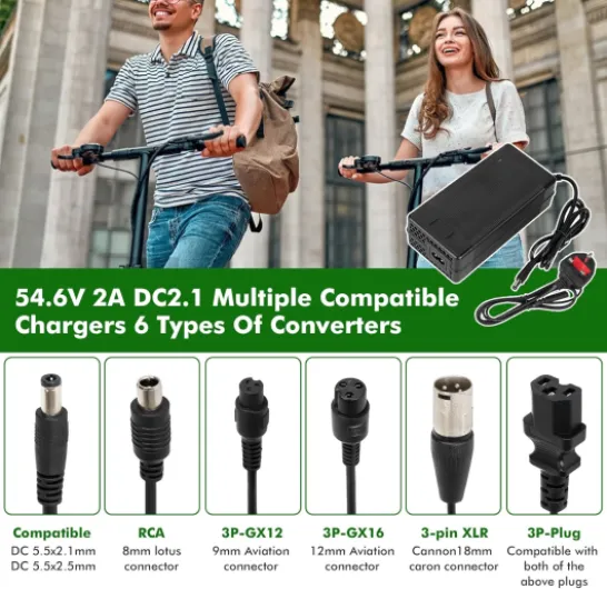 Chargeur Trotinette Electrique，54,6V 2A Chargeur Hoverboard, Chargeur Universel pour Batterie Lithium 48V avec 6 Connecteurs，Charge Rapide pour Hoverboard，E-Bike，Scooter électrique 54.6V 2A avec 6 Connecteurs