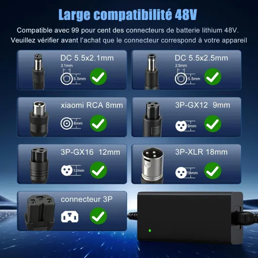 48V Chargeur Trottinette Électrique, 54,6V 2A Adaptateur Scooter avec 6 Connecteurs, Chargeur Universel pour Xiaomi, Ninebot, UrbanGlide, Kugoo, Hitway, Speedway, Evercross, Ebike et Plus