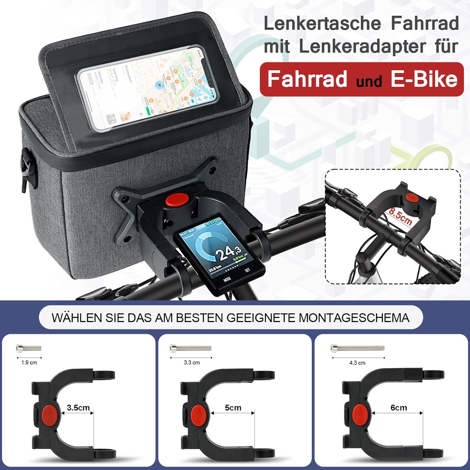 Sacoche Velo Guidon avec Adaptateur, 5,2L Sacoche de vélo étanche avec Support de téléphone Portable, écran Tactile, bandoulière Amovible – Convient pour vélo, vélos électriques Gris