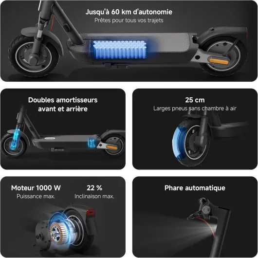 Electric Scooter 5 Pro – Amortisseurs Doubles Avant & Arrière – 60km Autonomie – Pneus 10' Tubeless – Moteur 1000W Max – Pente 22% Trottinette Électrique Xiaomi Electric Scooter 5 Pro Noir