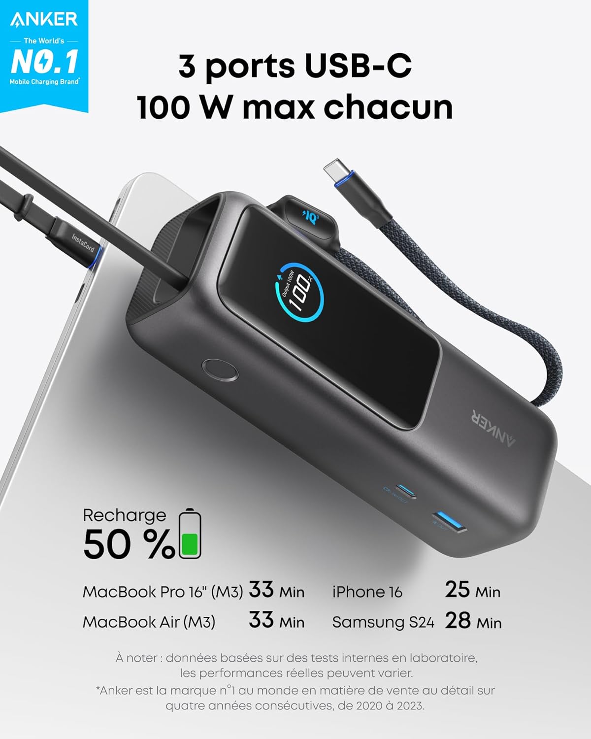Batterie Externe 25000mAh 165w pour Ordinateurs Portables 3 Ports USB C pour Plusieurs Appareils, Câble Intégré+Câble Rétractable, pour iPhone17 Pro Max/16 15, MacBook, Samsung Black