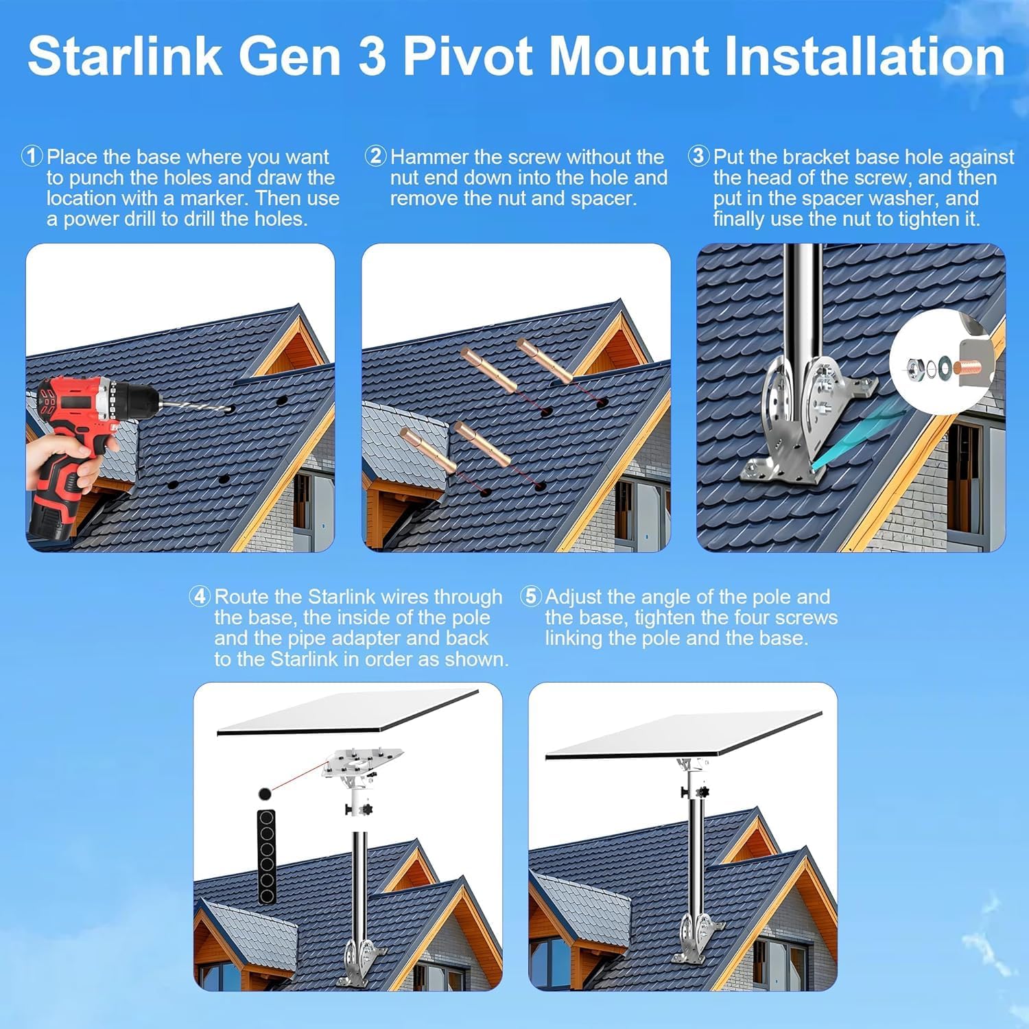 Support Starlink de troisième génération, ajustable à 360 degrés, avec adaptateur de tuyau Starlink inclus - Le kit Internet Prubovi Starlink est compatible avec le récepteur standard Starlink Gen3