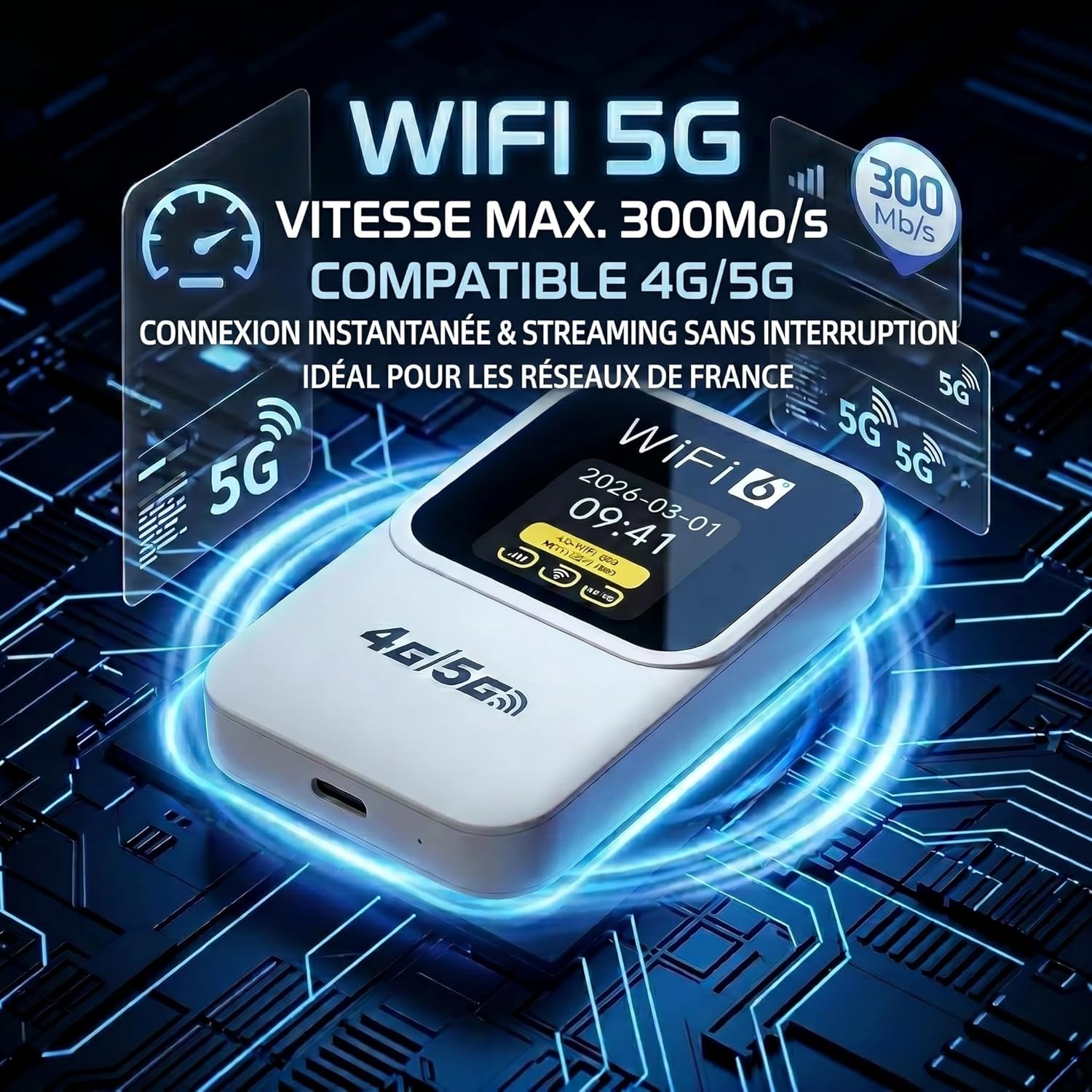 Routeur 5G Portable WiFi 6 – SIM Déverrouillé, Batterie 3000mAh, Jusqu’à 28 Appareils, WPA3, Compatible Nano SIM – Pocket WiFi pour Voyage & Télétravail