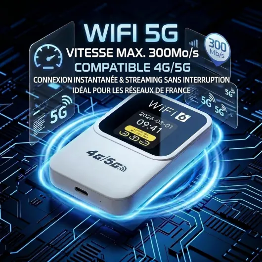 Routeur 5G Portable WiFi 6 – SIM Déverrouillé, Batterie 3000mAh, Jusqu’à 28 Appareils, WPA3, Compatible Nano SIM – Pocket WiFi pour Voyage & Télétravail