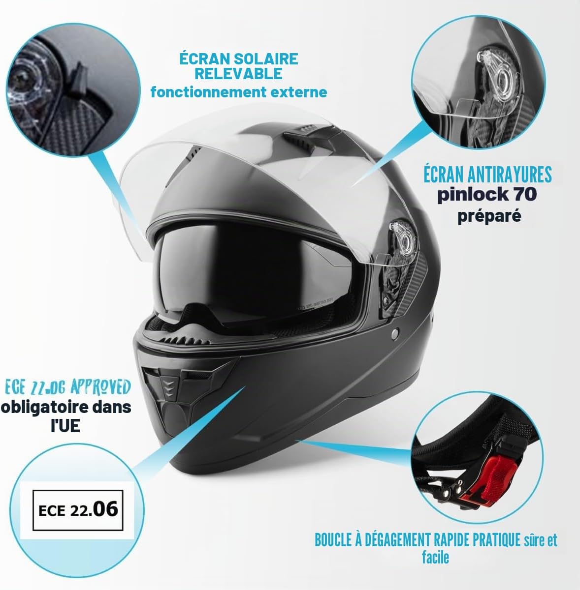 VINZ Kennet Casque intégral avec visière Solaire - Casque de Moto intégral homologué ECE 22.06 - Casque Full-Face pour Moto et Scooter - pour Femmes et Hommes - Tailles XS-XXL Noir Mat XL (60 - 61 cm)