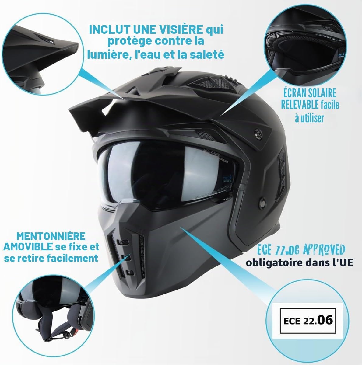 VINZ Kioto Casque Jet / Casque Streetfighter - Homologué ECE 22.06 - Casque de Scooter avec visière Solaire / Pare-Soleil - Casque Jet avec mentonnière Amovible Noir Mat L (59 cm)