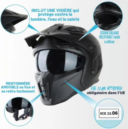 VINZ Kioto Casque Jet / Casque Streetfighter - Homologué ECE 22.06 - Casque de Scooter avec visière Solaire / Pare-Soleil - Casque Jet avec mentonnière Amovible Noir Mat L (59 cm)