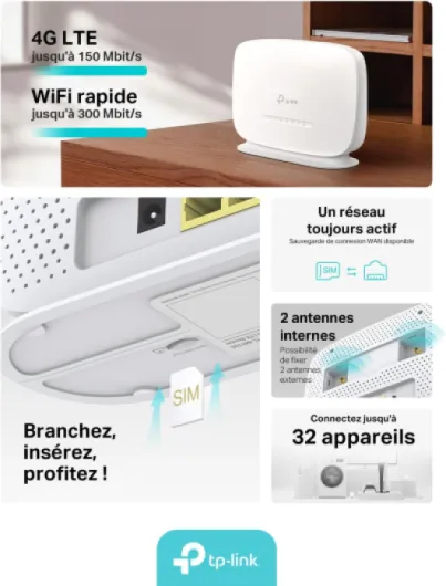 TP-Link TL-MR105 Routeur 4G LTE Jusqu’à 300 MB/s, 1 Port LAN/WAN, 1 Port LAN, Carte SIM de Tout Opérateur, Jusqu’à 32 appareils 4G CAT4 - N300