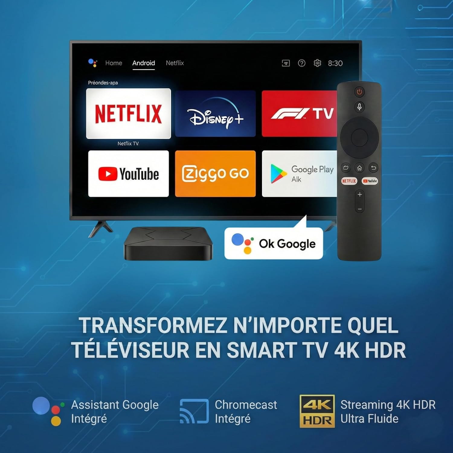 Android TV Box 4K with Chromecast, Smart TV Box Streaming Device, WiFi & Bluetooth, Google Assistant, Netflix Support, Multimedia Player, IPTV Ready, Home Entertainment Solution