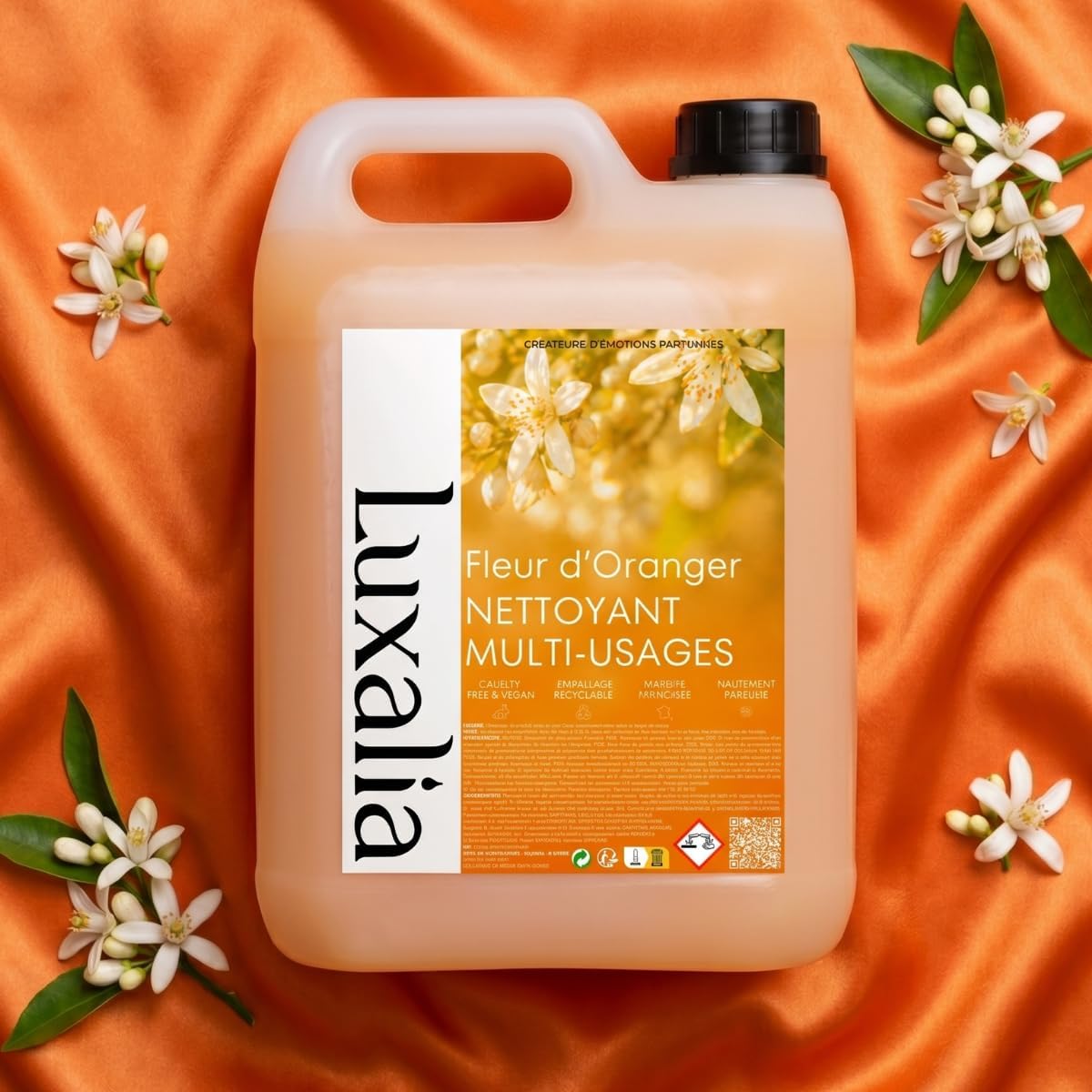 Nettoyant Sol & Multi-Usages Fleur d'Oranger - Idéal pour Sols, Plans de Travail, Surfaces Plastiques ou Peintures - Hautement Parfumé & Ultra Efficace - 5 Litres - Surodorant - LUXALIA