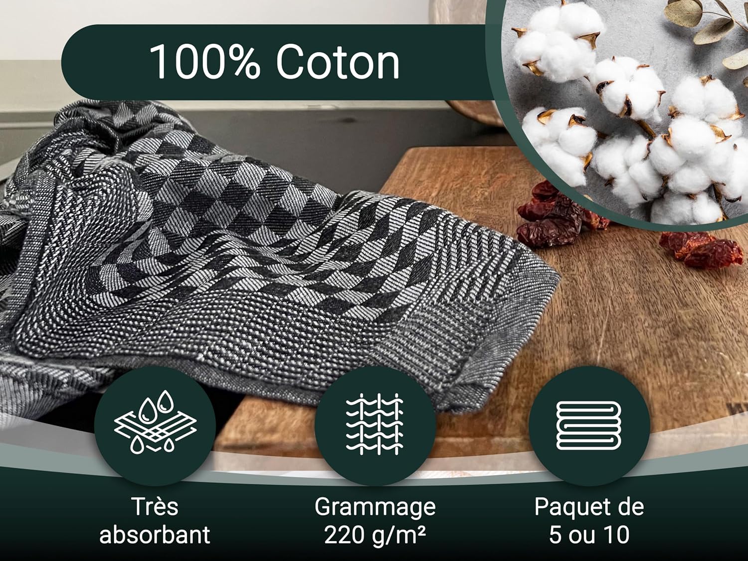 Lot de 10 torchons en Coton de 46x70 cm - Super absorbants et Robustes - lavables jusqu'à 60°C - à Carreaux Noir - qualité gastronomique - certifiés Oeko Tex® Noir Lot de 10: 46x70 cm