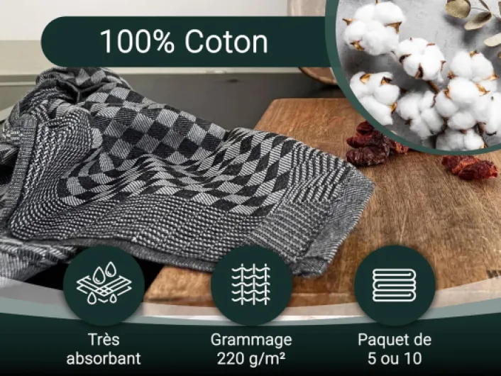 Lot de 10 torchons en Coton de 46x70 cm - Super absorbants et Robustes - lavables jusqu'à 60°C - à Carreaux Noir - qualité gastronomique - certifiés Oeko Tex® Noir Lot de 10: 46x70 cm