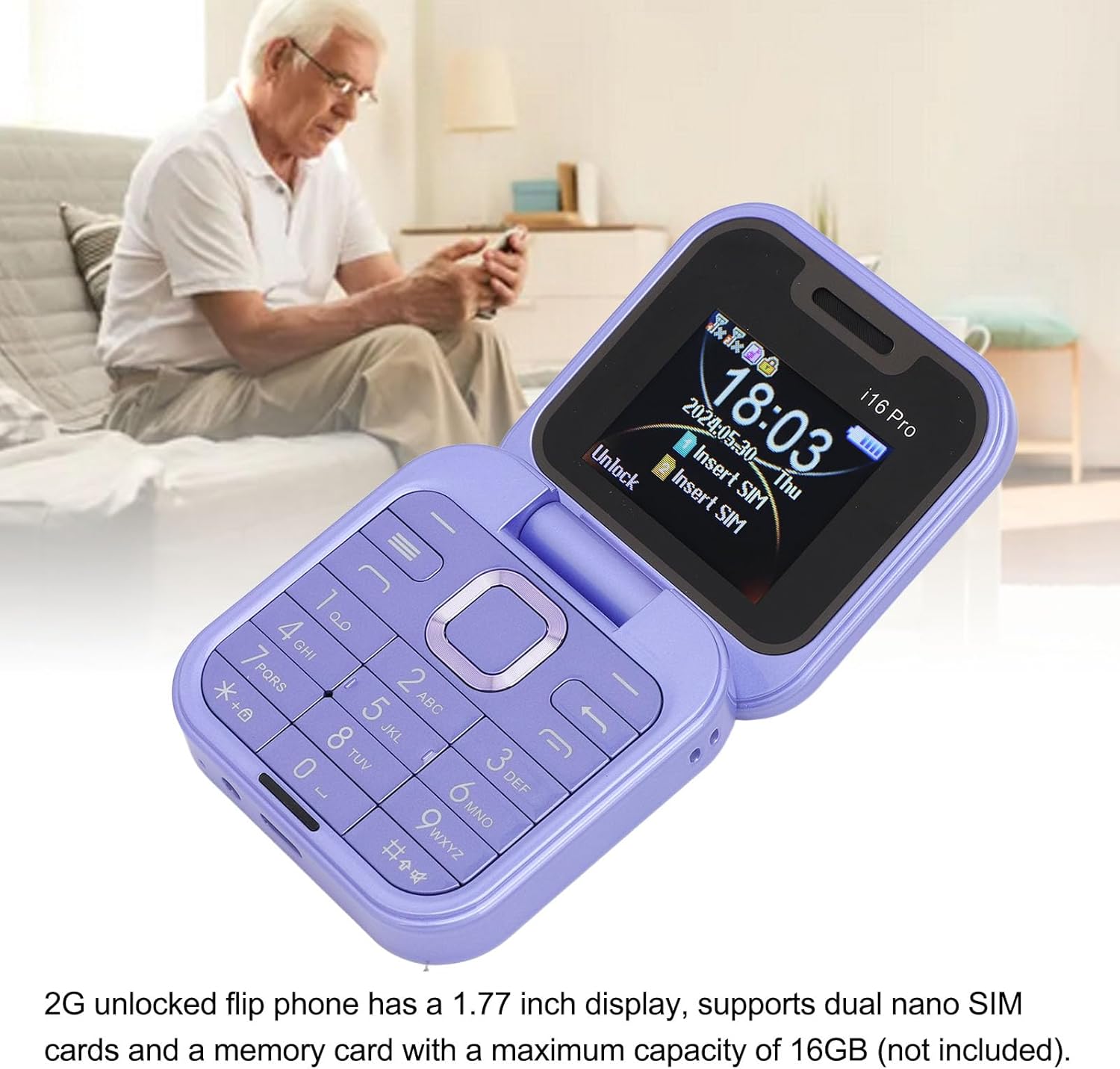 Téléphone à rabat débloqué pour enfants et personnes âgées, téléphone portable à rabat 2G pour personnes âgées, double carte SIM, gros boutons, téléphone avec lampe de poche LED, caméra PURPLE