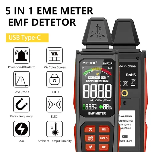 Detecteur EMF MESTEK 5 in1 Test EF/MF/RadioFréquence, Champ Électrique/Magnétique/Haute Fréquence, Détecteur de Rayonnement Électromagnétique Portable Pour Extérieur, Maison,Chasse aux Fantômes