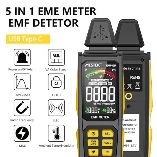 Detecteur EMF MESTEK 5 in1 Test EF/MF/RadioFréquence, Champ Électrique/Magnétique/Haute Fréquence, Détecteur de Rayonnement Électromagnétique Portable Pour Extérieur, Maison,Chasse aux Fantômes Detecteur EMF -Jaune