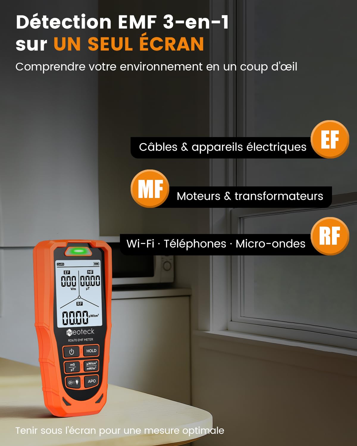 Détecteur EMF 3-en-1 – Appareil de Mesure des Ondes Électromagnétiques pour Champ Électrique, Champ Magnétique et Radiation RF – Alarme Tricolore Rechargeable Type-C pour Maison et Bureau