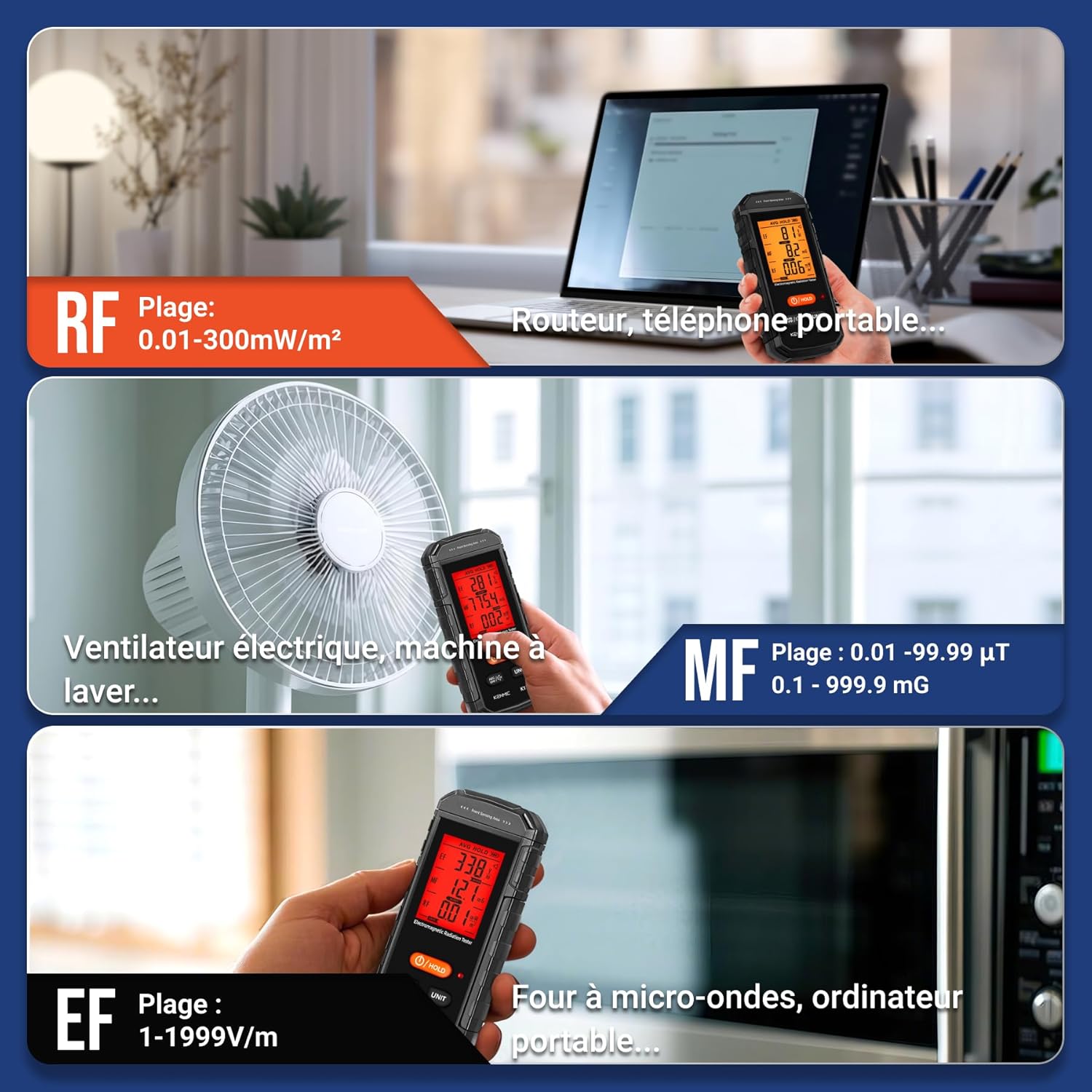 Détecteur EMF, 3-en-1 Compteur EMF pour EF/RF/MF/Signal WiFi, Détecteur de Rayonnement de Champ Électromagnétique Portable Inspections EMF pour Maison, Bureau et Chasse aux Fantômes Vert