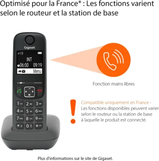 A695 - téléphone DECT sans fil - grand écran à fort contraste - excellente qualité audio - profils sonores réglables - fonction mains libres - protection contre les appels indésirables, gris Sans Répondeur Solo Gris