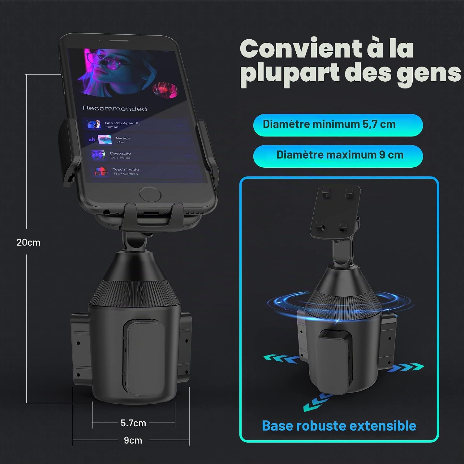 SEEKONE Support Universel pour téléphone Portable de Voiture Support pour Porte-gobelet pour Smartphone, Convient à Tous Les Smartphones d'une Taille comprise Entre 5,5 et 10 cm