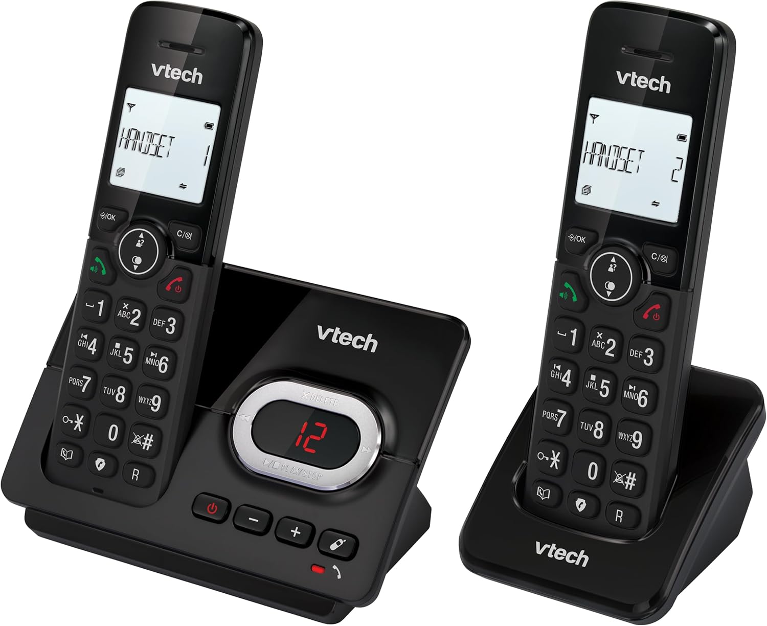 CS2051 Téléphone sans Fil avec répondeur et 2 combinés, Mode ECO+, téléphone Senior, téléphone Fixe, Blocage d'appel, Fonction Mains Libres, Grosses Touches, Affichage 1 Ligne, Noir 2-Téléphone fixe sans fil avec répondeur