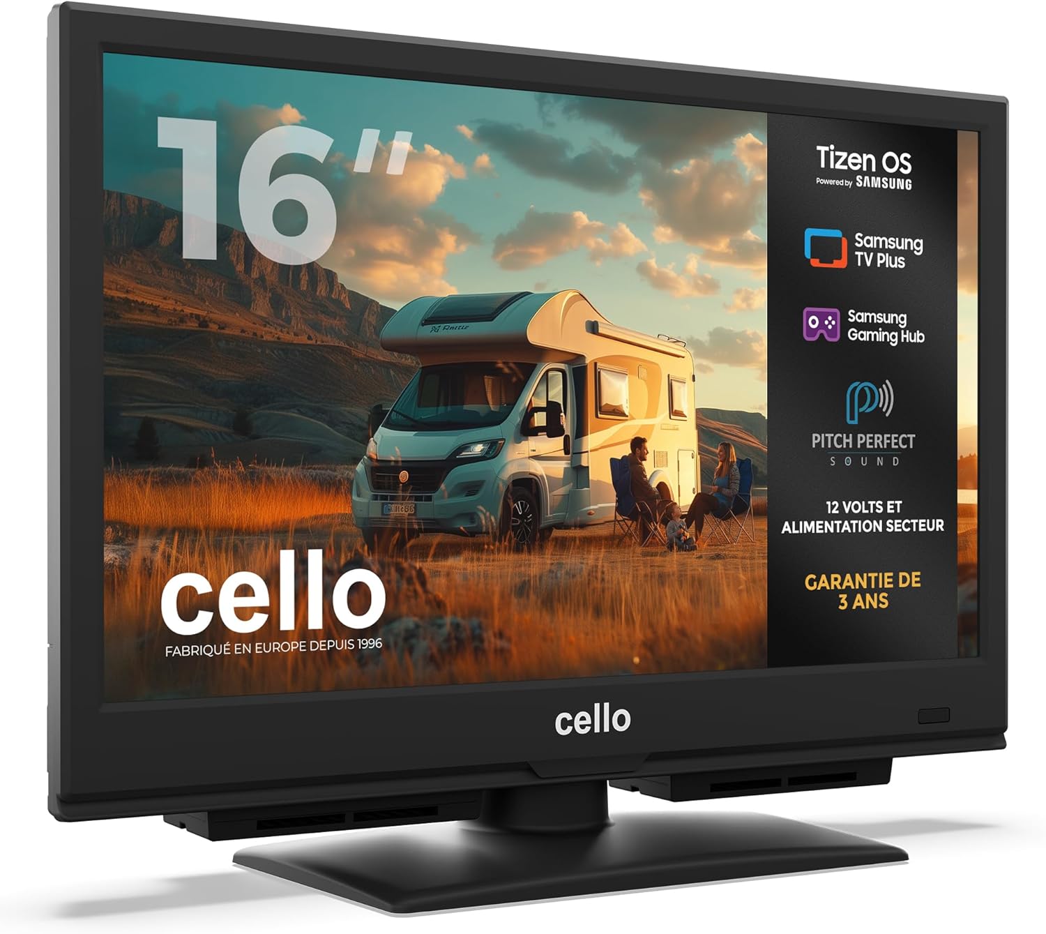 CTRAV-16TZ Smart TV 16 Pouces 12V pour Van, Camion et Bateau, Tizen OS de Samsung, Bluetooth, Son Pitch Perfect, Gaming Hub, Triple Tuner 12V TV voyage 16 Pouces sans DVD