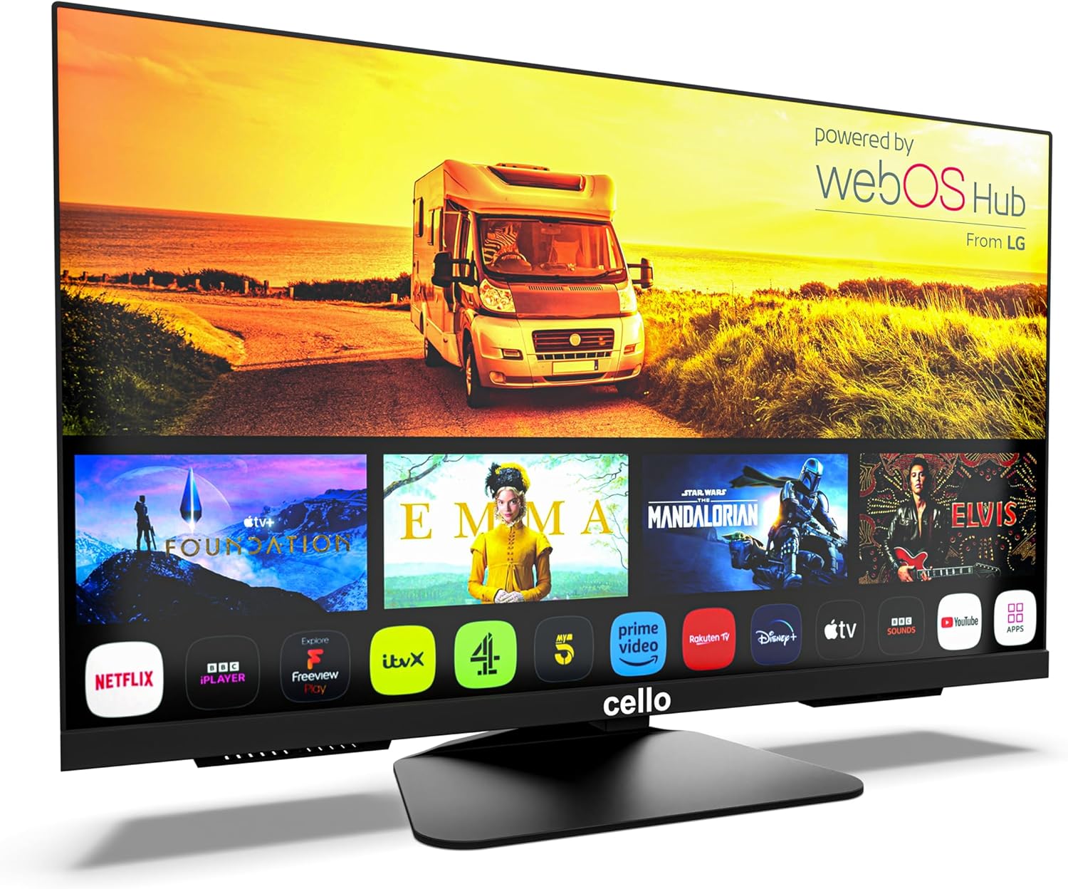 C2424WS Smart TV 24 Pouces 12V pour Camping-Car, Caravane et Fourgon Aménagé, WebOS, Netflix, Bluetooth 24 Pouces sans DVD Cello 12 Volt WebOS Travellers