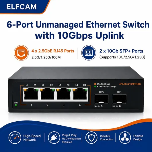 ® - 10Gb Commutateur Switch Fibre Optique Compatible avec Freebox Ultra et Orange Livebox 6, avec 2 Ports 10G SFP+ et 4 Ports 2,5 Gigabit Ethernet RJ45, Rallonge Votre Réseau 10Go 2x10G SFP+, 4x2,5G RJ45