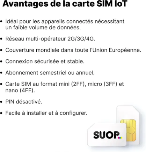 SUOP Carte SIM IoT & M2M - Forfait 12 Mois (100 Mo/Mois) - Prépayé avec paiement Unique annuel - sans Frais mensuels - Couverture européenne 4G multiopérateur - Alarmes, GPS et appareils connectés