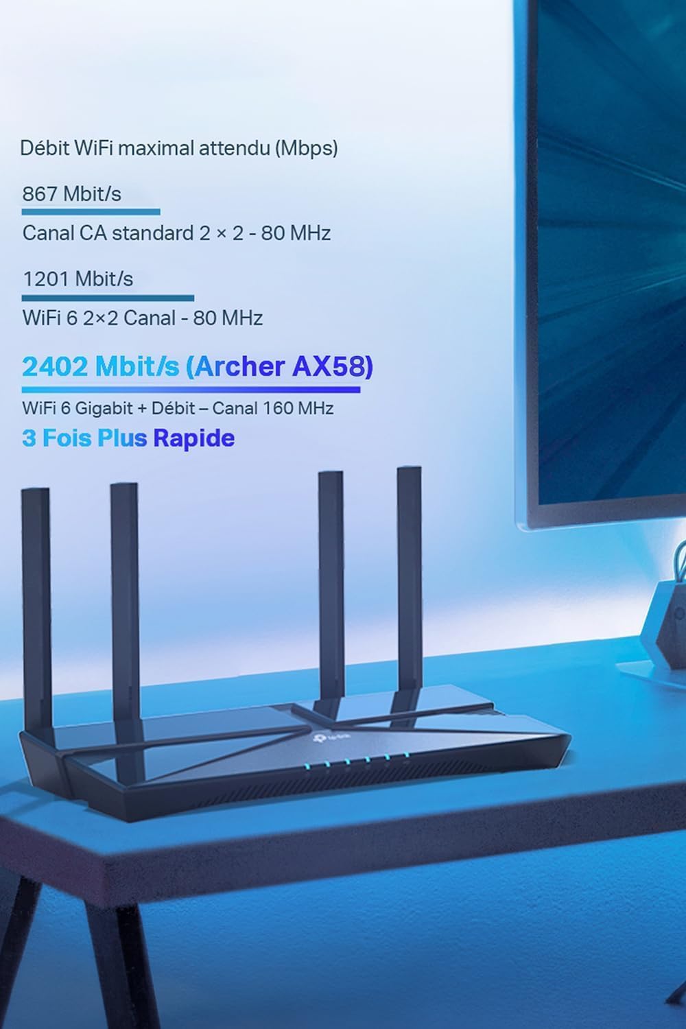 TP-Link Archer AX58 Routeur WiFi 6, Routeur WiFi AX 3000 Mbps bi-Bande, 5 Ports Gigabit, 4 antennes à Haute Performance, WPA3, Contrôle Parental, EasyMesh, Antivirus intégré AX3000 - WiFi 6