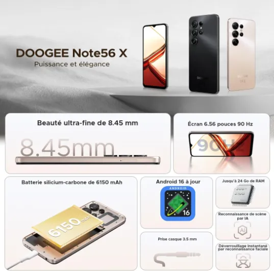 NOTE56X Android 16 Smartphone Pas Cher, 6150mAh Telephone Portable, Écran 6.56" HD+ 90Hz, 24 Go+64 Go/2 to,Octa Core Double SIM Débloquée Smartphone, 8MP+5MP, Face ID, 3.5mm Jack,GPS,OTG Noir