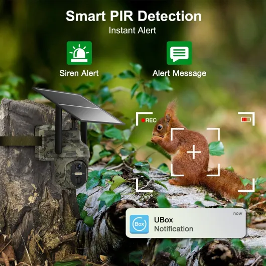 4G Caméra de Chasse Solaire Extérieure avec Carte SIM Intégré, Caméra Surveillance avec Détection de Mouvement, 2K Vision Nocturne, 360° Rotation, Audio Bidirectionnel, Etanche IP66 (1 Unité)