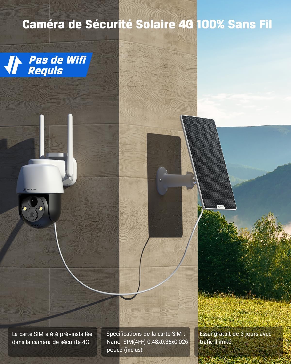 4G LTE Camera Surveillance Exterieur sans Fil, 2K Solaire PTZ 4G avec Carte SIM, Détection Humaine PIR, Reconnaissance AI, Batterie 10000 mAh, Cloud TF, Fonctionne avec Alexa