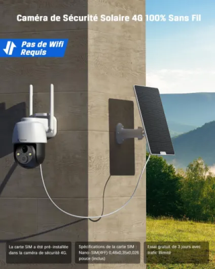 4G LTE Camera Surveillance Exterieur sans Fil, 2K Solaire PTZ 4G avec Carte SIM, Détection Humaine PIR, Reconnaissance AI, Batterie 10000 mAh, Cloud TF, Fonctionne avec Alexa