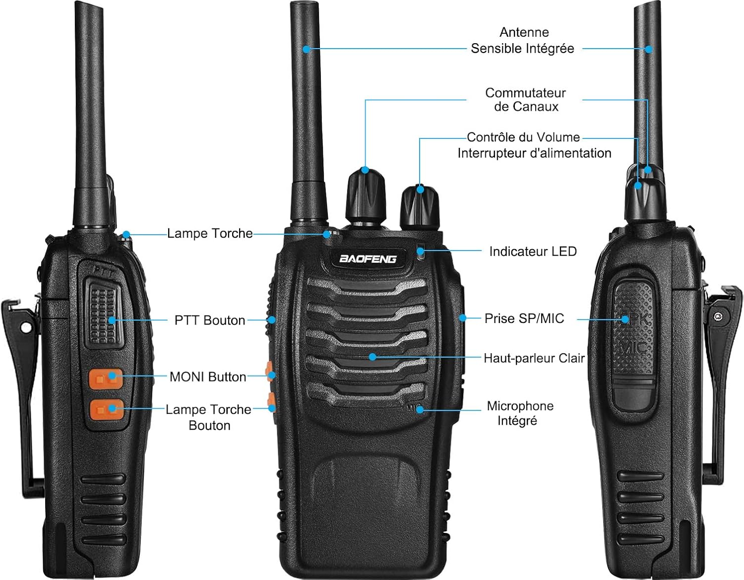 Talkie Walkie Professionnelle PMR Talkie-Walkies Radios Portable Rechargeable à Longue Portée et à 16 Canaux，avec Oreillette, USB Chargeur, Batterie（2 Paire） Fiche USB(4 pièces)