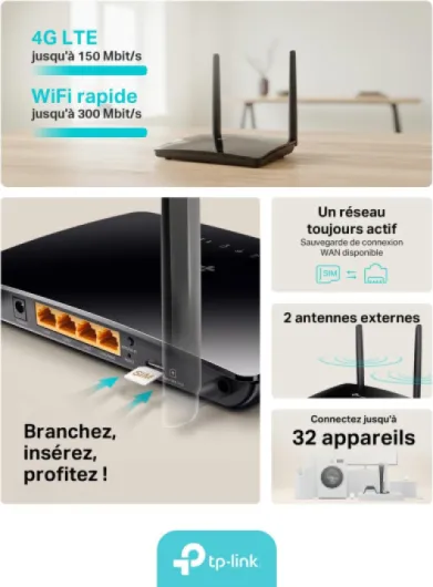 TP-Link TL-MR6400 Routeur 4G LTE WiFi 300 Mbps, Carte SIM Micro, 2 Antennes LTE Amovibles, Jusqu’à 32 Appareils, Ports LAN/WAN, Plug & Play, Compatible Tous Opérateurs N 300Mbps - 4 ports