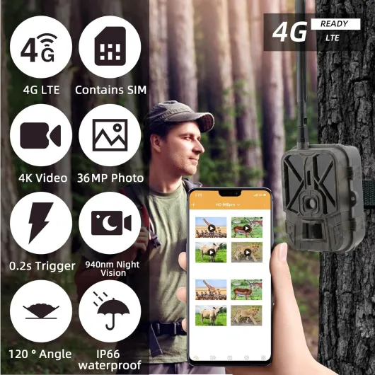 Caméra de Chasse 4G 36MP 4K Vidéo, lithium 10000mAh, Camera de Chasse Vision Nocturne avec App Gratuite Carte SIM, Vidéo en Temps Réel, Détecteur de Movement, 940nm Infrarouge LEDs, IP66 Étanche
