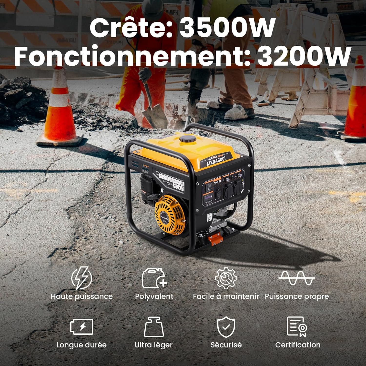 3500W Groupe électrogène à essence 4 temps avec 2 prises 230V et USB Générateur léger et silencieux alimentation de secours pour garage atelier camping maison,26kg léger MXR4500I