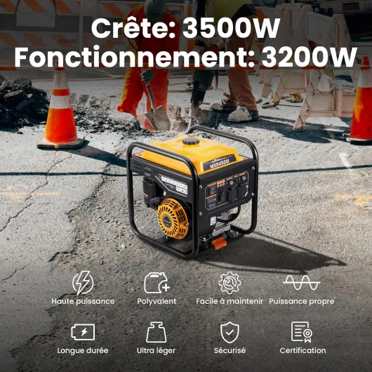 3500W Groupe électrogène à essence 4 temps avec 2 prises 230V et USB Générateur léger et silencieux alimentation de secours pour garage atelier camping maison,26kg léger MXR4500I