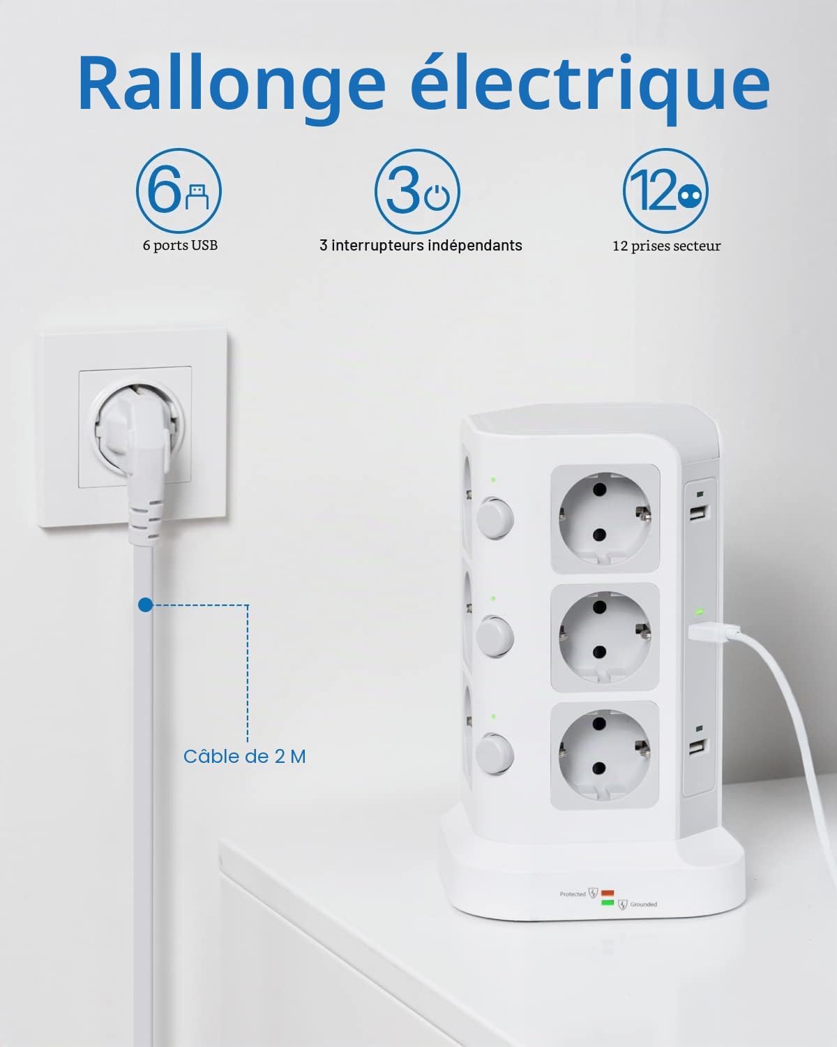 Tour multiprise parafoudre et surtension(4000W/16A), Multiprise Electrique avec 6 Ports USB et 12 Prises, multiprise avec et 3 Interrupteurs, 2M Cordon, Blanc - 12 Prises, 6 USB, 4000W/16A, 3 Interrupteurs, Parafoudre, Câble 2M, Maison Blanc 2M