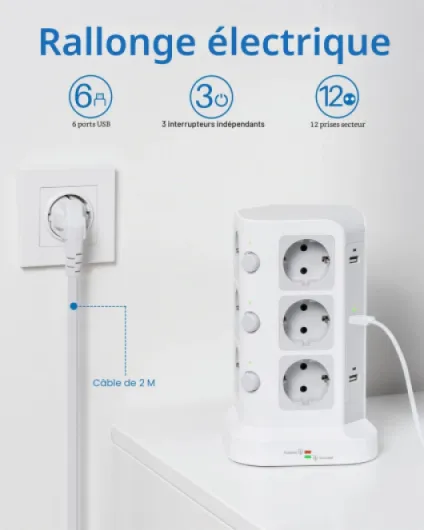 Tour multiprise parafoudre et surtension(4000W/16A), Multiprise Electrique avec 6 Ports USB et 12 Prises, multiprise avec et 3 Interrupteurs, 2M Cordon, Blanc - 12 Prises, 6 USB, 4000W/16A, 3 Interrupteurs, Parafoudre, Câble 2M, Maison Blanc 2M