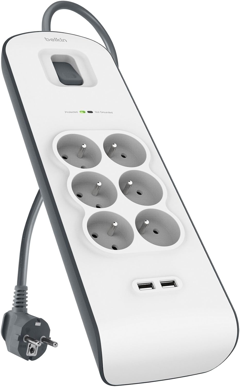 Parafoudre 6 prises, 650 Joules, cordon 2 m, USB x 2, Blanc