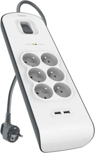 Parafoudre 6 prises, 650 Joules, cordon 2 m, USB x 2, Blanc