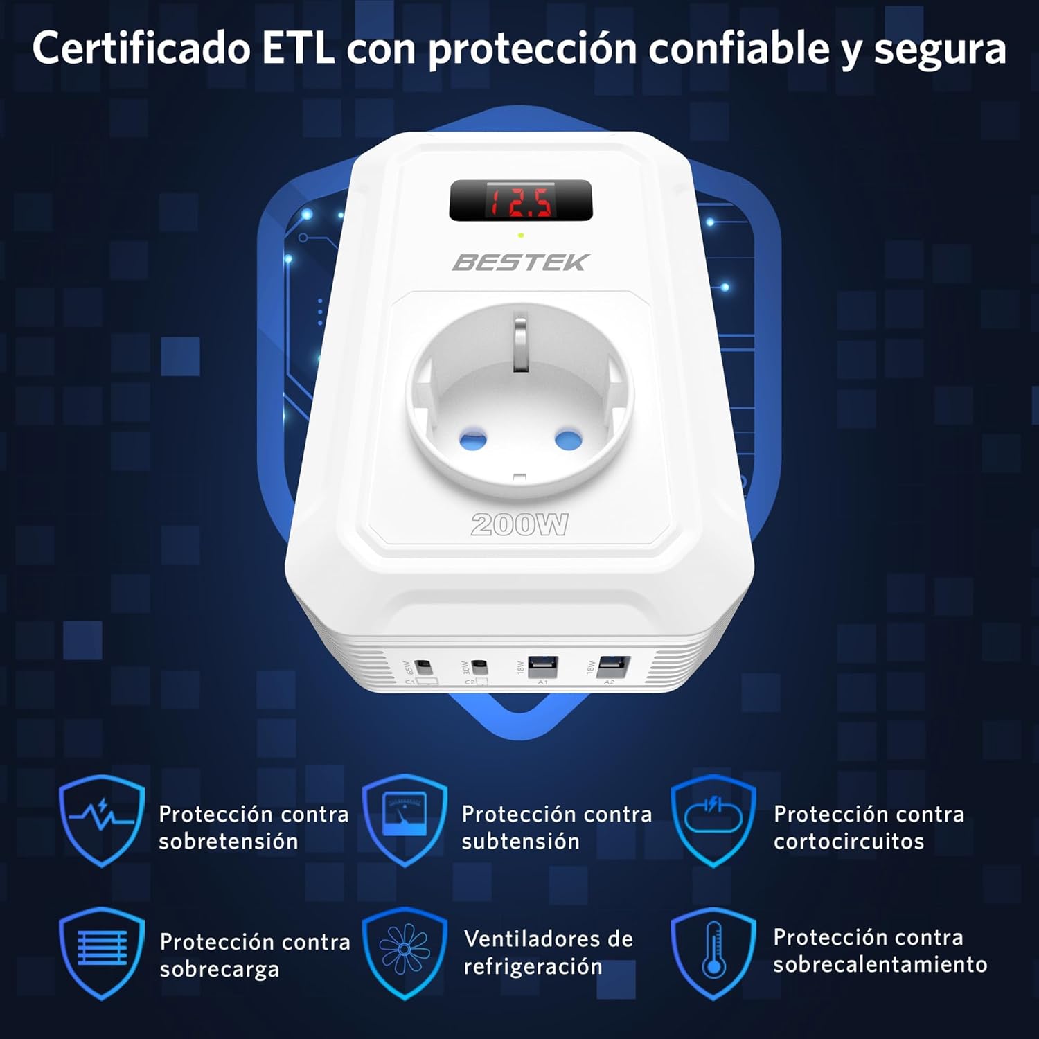 BESTEK Convertisseur 12v 220v 230v 240v 200W Prise Allume Cigare Transformateur de Tension,4 Ports USB et 1 Prises EU, Chargeur Voiture Camping Car avec Multi Protections (Blanc)