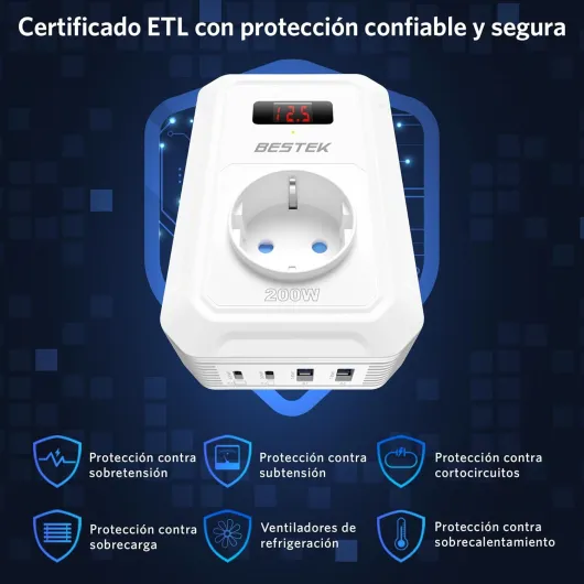 BESTEK Convertisseur 12v 220v 230v 240v 200W Prise Allume Cigare Transformateur de Tension,4 Ports USB et 1 Prises EU, Chargeur Voiture Camping Car avec Multi Protections (Blanc)