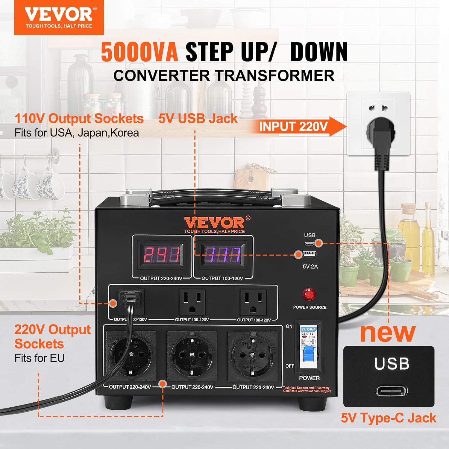 Transformateur 220 V⇄110 V Convertisseur de Tension Élévateur Abaisseur 5000 W Transformateur de Puissance avec 3 Prises US NEMA 5-15R 3 Broches 3 Prises EU Shucko 1 Port USB 5 V 1 Prise Type-C 5000 VA
