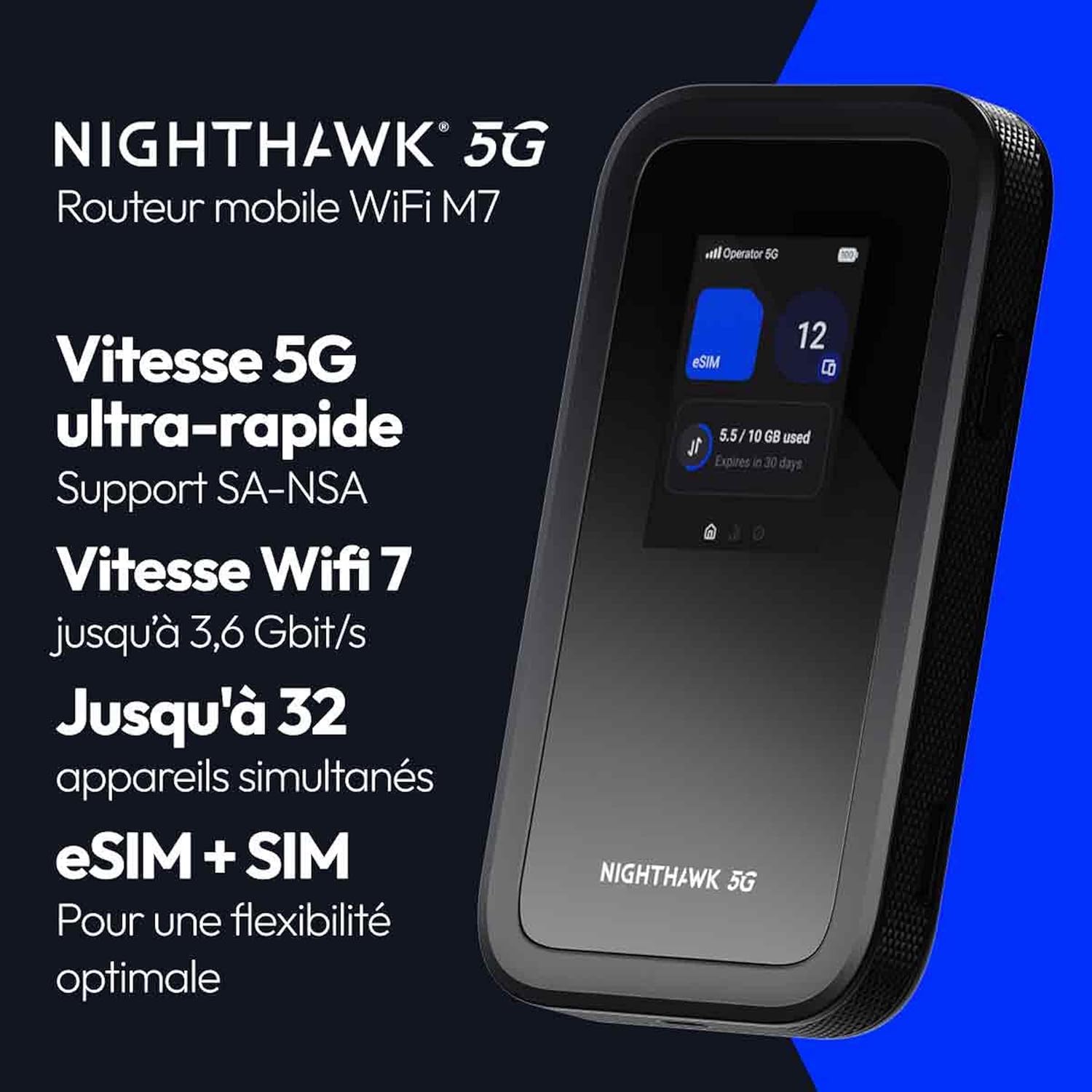 Nighthawk M7 - Routeur WiFi 5G Portable avec eSIM - Hotspot Wi-FI débloqué - Compatible SIM Physique et eSIM Tout opérateur - 5G/4G/LTE - Wi-FI 7 - Jusqu’à 3,6 Gbit/s - MH7150 Routeur Mobile MH7150 ( 5G WiFi 7 esim )