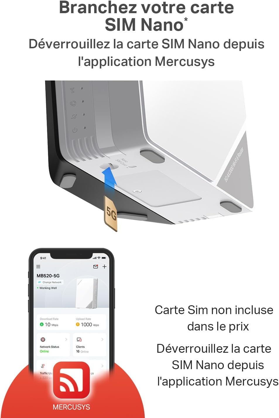 MB520-5G LTE Routeur jusqu'à 4,67 Gbps, 5G WiFi 6 AX3000, 2402 Mbps 5 GHz + 574 Mbps 2.4 GHz, port WAN/LAN 2,5 Gbps, Bi-Bande, jusqu'à 256 appqreils, prise RJ11, compatible SIM nano, EasyMesh 5G LTE WiFi 6